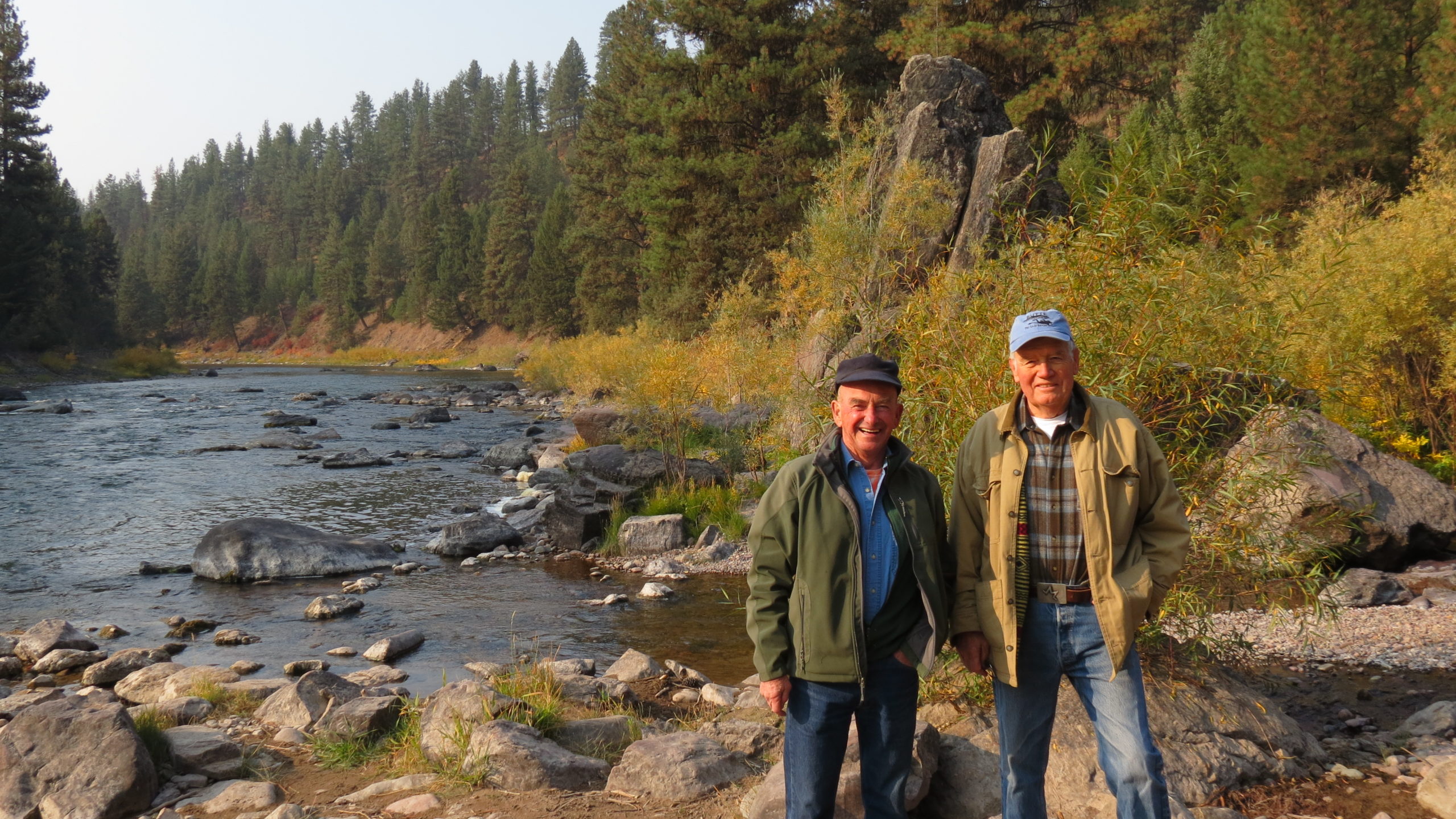 Hank Goetz and Land Lindbergh standing at the junction of the Blackfoot and Clearwater Rivers
